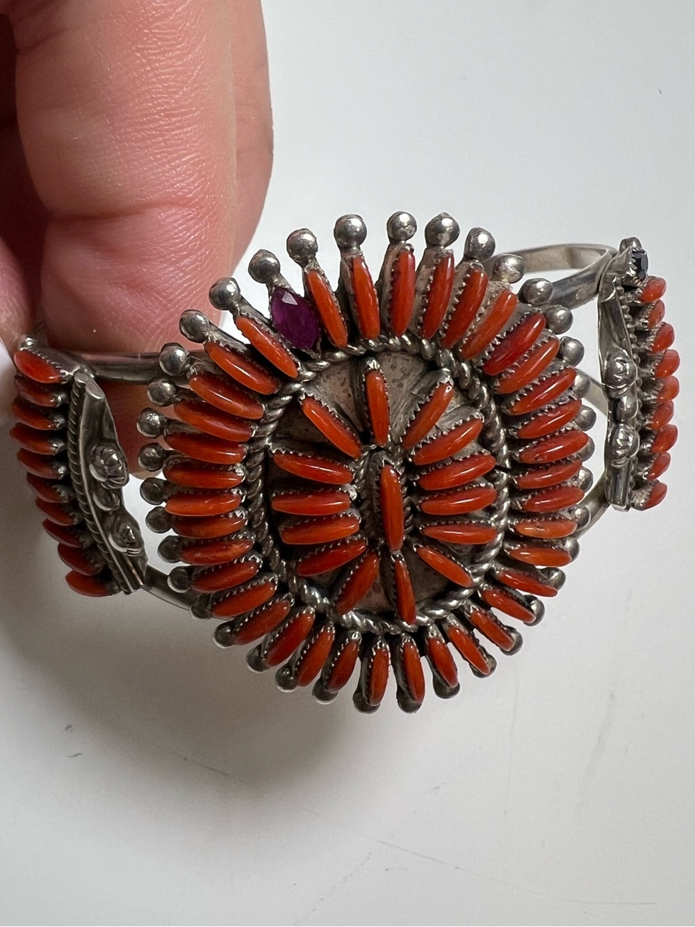 Ray & Eva Wyaco ZUNI Zuni needlepoint coral cluster cuff Sterling bracelet